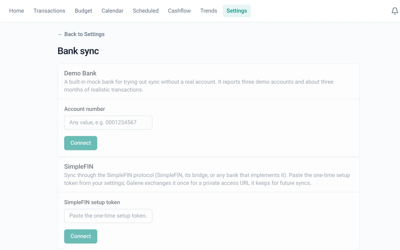 Bank sync settings with Demo Bank and SimpleFIN connection options