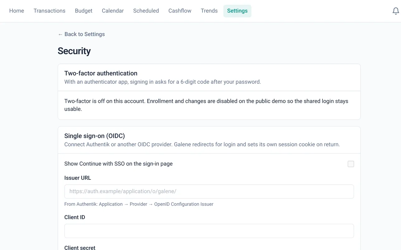 Security settings with two-factor authentication and single sign-on (OIDC) setup