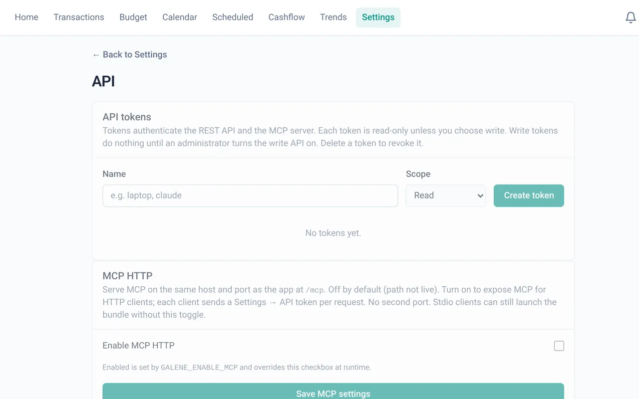 API settings with API token creation and an MCP HTTP toggle that is off by default