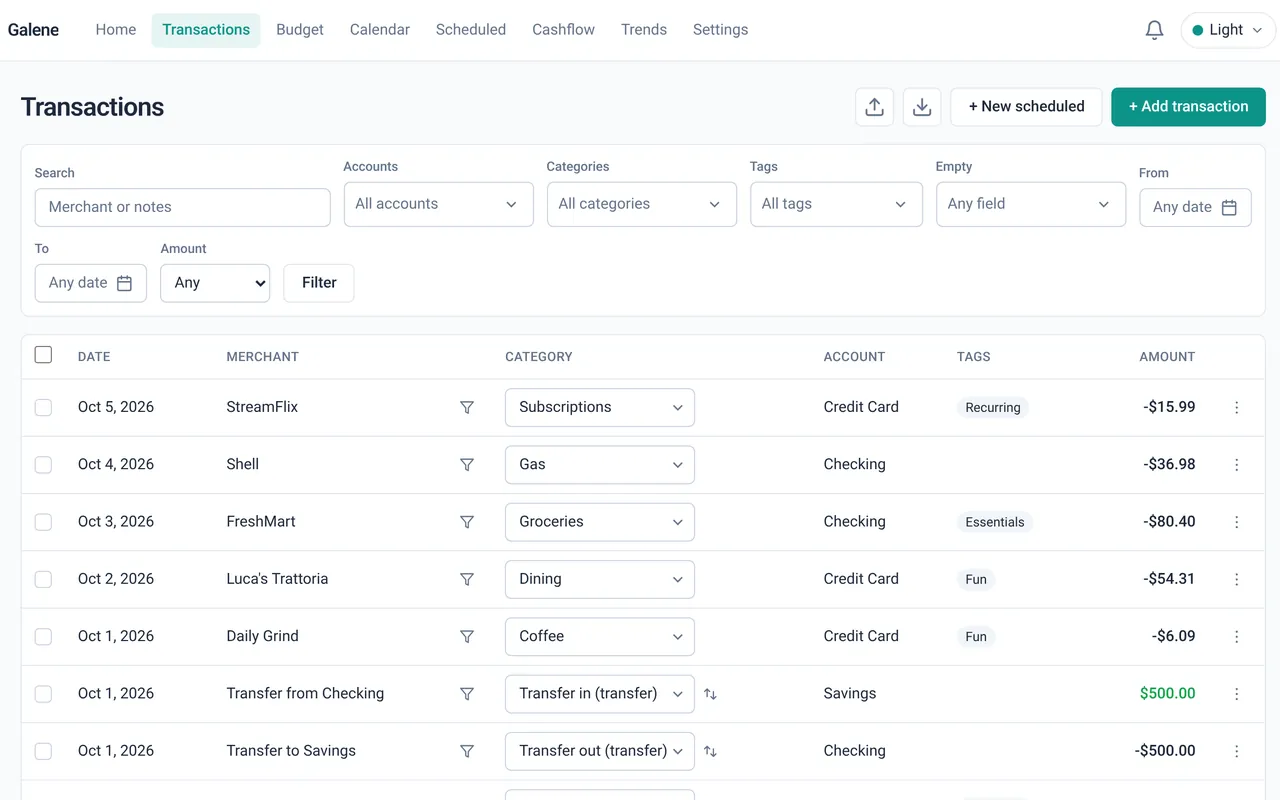 Transactions list with merchant search and filters for accounts, categories, tags, dates, and amount