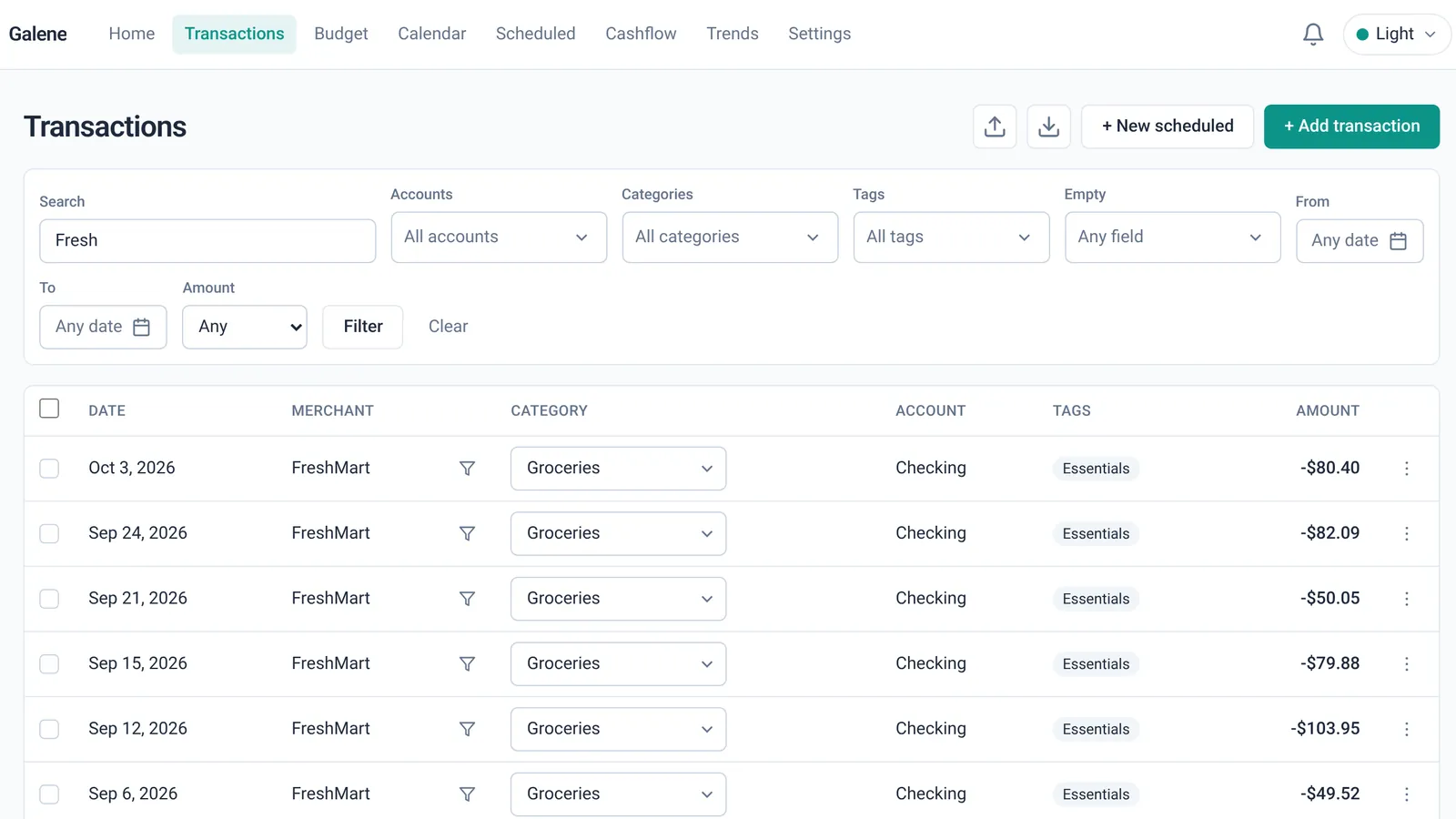 Transactions filtered by a merchant search, showing FreshMart grocery purchases